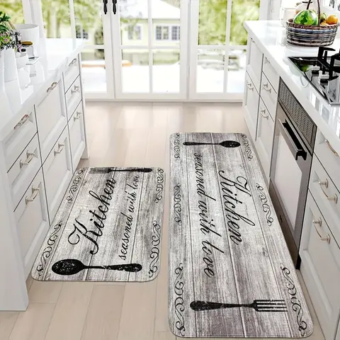 Vintage Non-Slip Kitchen Rug, Stain Resistant Soft Absorbent Cushioned Standing Mat, Farmhouse Kitchen Textile Accessory for Home Decor