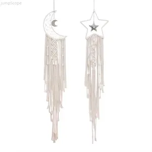 Boho Macrame Star Moon Dreamcatcher, Hand-Woven Cotton Wall Hanging, Bohemian Tapestry Decor for Bedroom Living Room Nursery