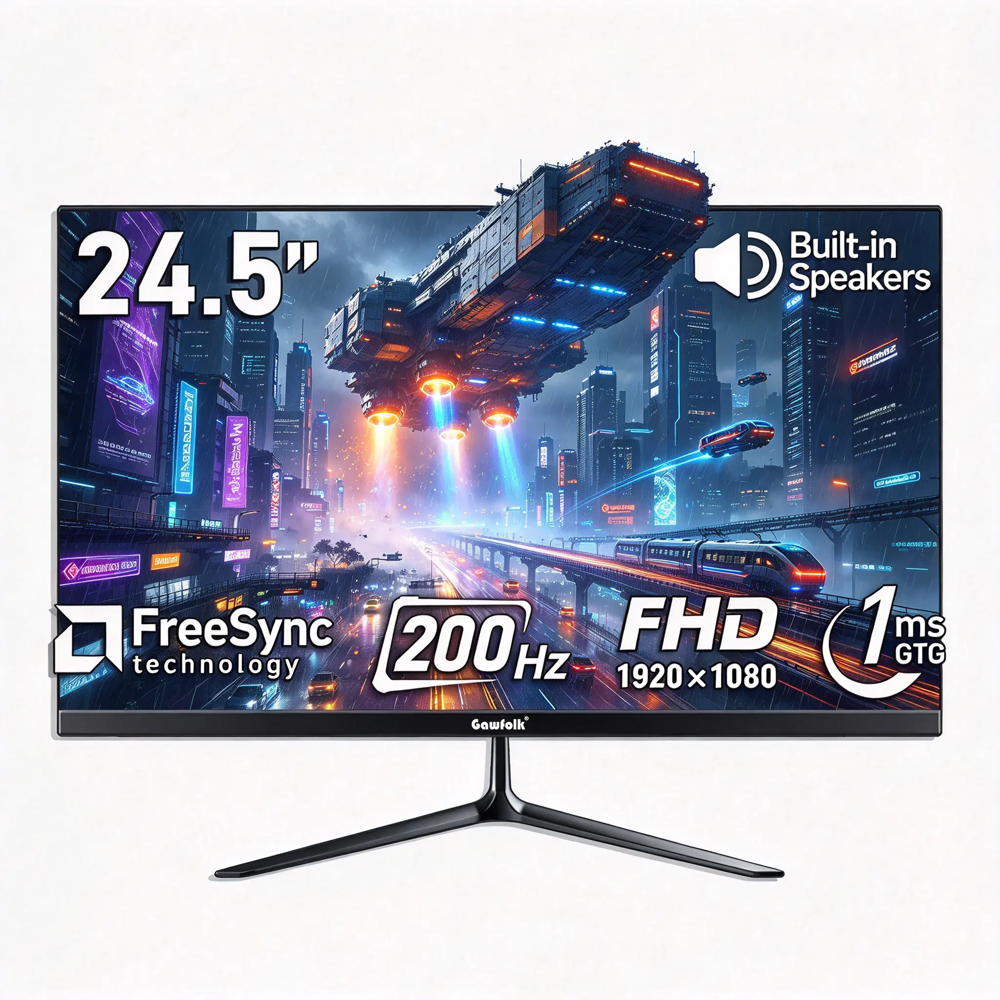 Gawfolk 24.5" 200Hz FHD Gaming Monitor , 1080P, 1ms GTG, FreeSync, 99% sRGB, Built-in Audio, Flicker-Free, Frameless, HDMI & DP, 75x75 VESA Wall Mountable, PC Accessory, Geek Gift