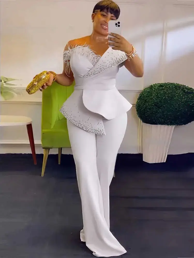 Women's Elegant Strapless Jumpsuit with Rivet Collar, Sexy High-Waist Wide Leg Tube Top Overalls for Evening Party Fashion