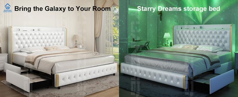 GEGOFORU Queen LED Galaxy Bed Frame with Projector, Bluetooth Speaker & USB Charging, Storage Headboard, PU Upholstered Platform Bed, White, No Box Spring Needed