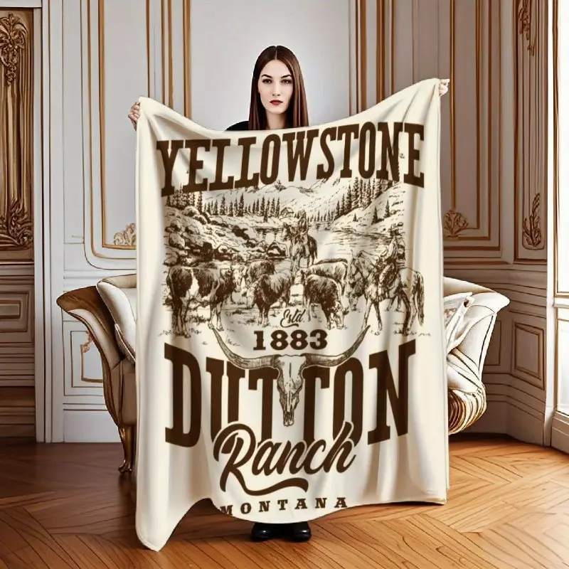 Yellowstone Dutton Ranch 1883 Montana Flannel Throw Blanket Yellowstone Merch Cowboy Theme Western TV Show Fan Item Vintage Print Soft No-Shed Premium Microfiber Durable Fade-Resistant Home Decor Ideal Gift