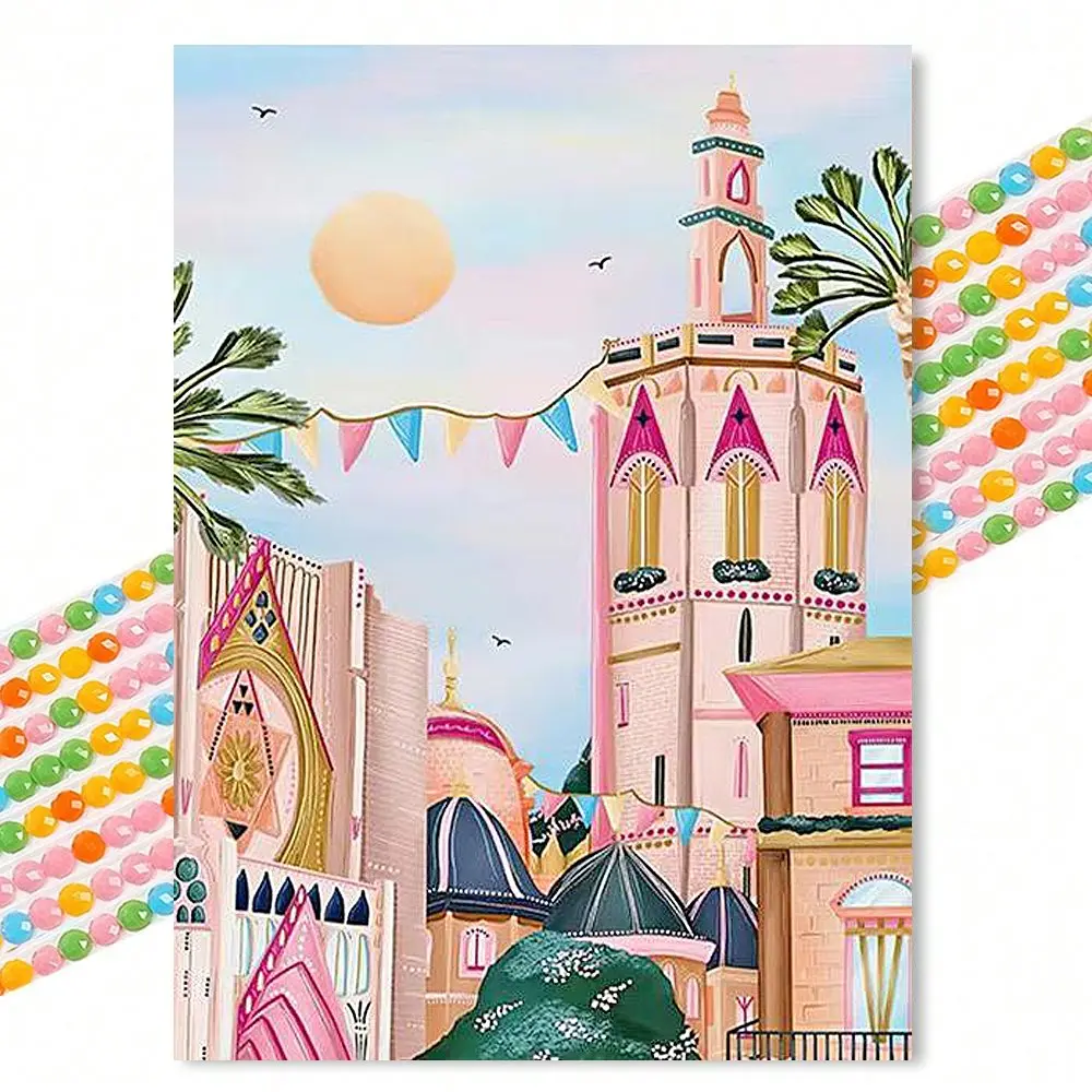 Moroccan Town Diamond Painting Kits, Macaron Dreamy Fairy Tale Style, Round Drill 30x40cm, Girl Room/motel Soft Decor