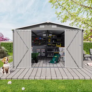 10x14 ft Light Grey Anti-Corrosion Steel Plate Frame Metal Outdoor Storage Shed, with Protective Film, 3 Lockable Doors, 4 Vents, Sloped Roof, Utility Tool Storage for Backyard, Patio