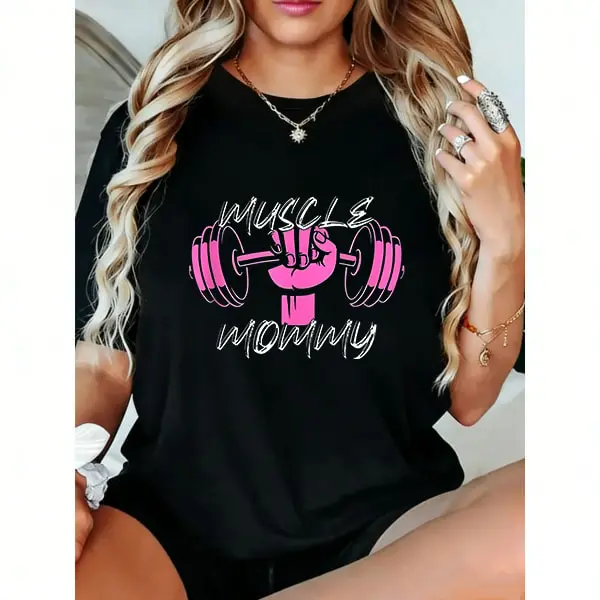 Women's Simple Style Muscle Mommy Graphic T-Shirt, 100% Cotton Soft Essential Top for Workout and Daily Wear, Breathable, Casual, Elegant