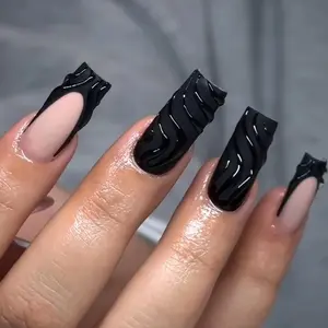 Press on Nails - Long Square Glue on Nails with Matte Black French Tip, Acrylic Handmade 3D Gel Design 24 pcs