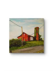 Granero Rojo Handmade Acrylic Painting 12x12 in Artwork Featuring Red Barn and Chimney Scene on Canvas Artistic Decor