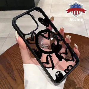 Magnetic Phone Case for iPhone 16 Pro Max 15 Plus 14 13 12 11 XR E XS Graffiti Love Heart Acrylic Back TPU Edges Clear support wireless charging Bumper Cover for Girl