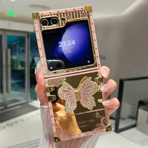 Square electroplated gold butterfly case for Galaxy ZfliP7/ZfliP6/ZfliP/ZfliP4 with stand.ZfliP3 premium feel, creative and luxurious.
