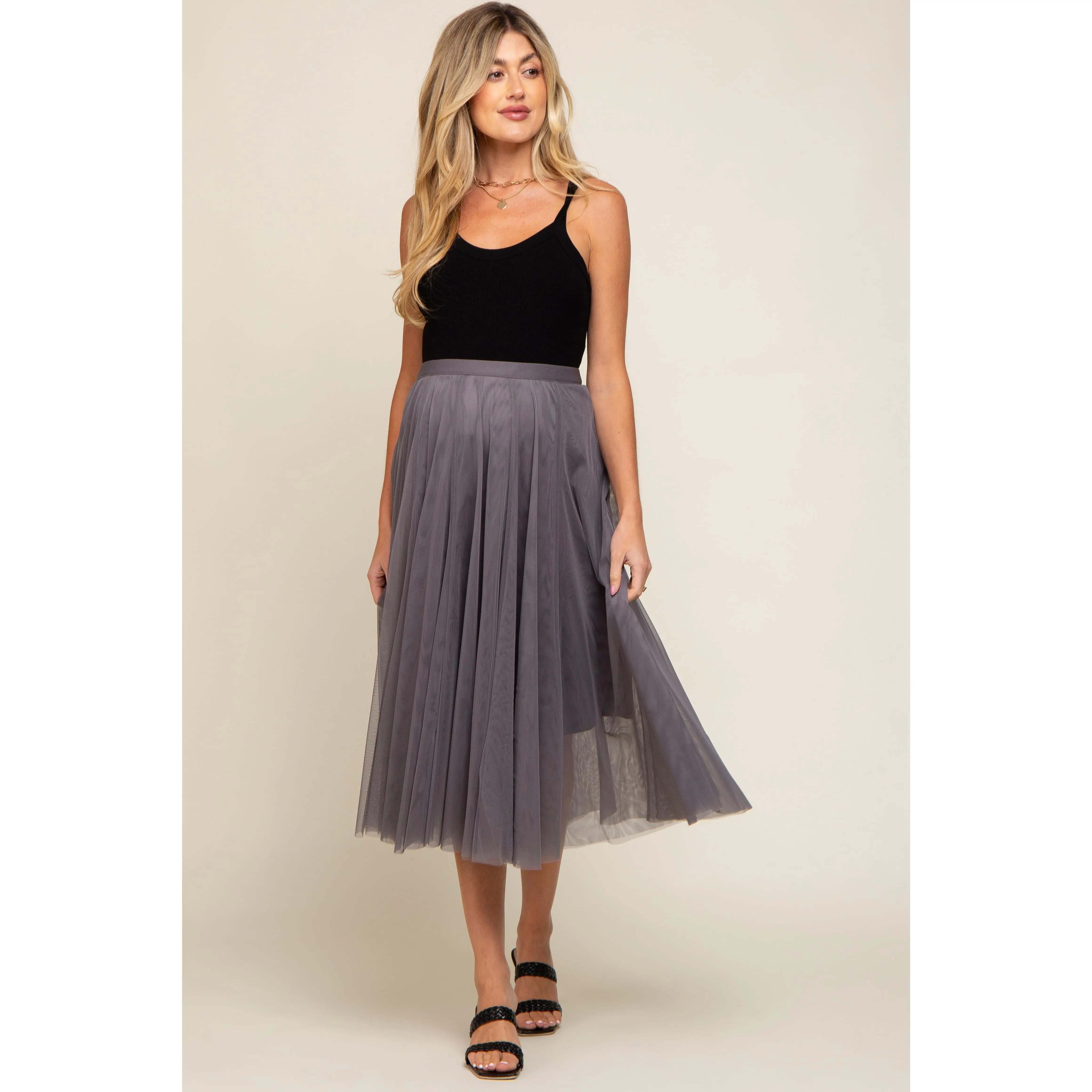 Charcoal Tulle Maternity Midi Skirt, Maternity Clothes with Elastic Waist, 3/4-Lined, Casual Wear, 3/4 Of The Way Lined