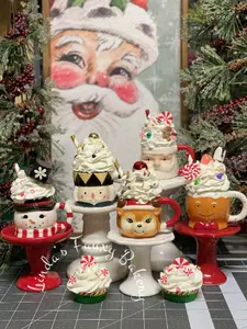 Christmas Ceramic Mini Mug Collection Faux Peppermint  Whipped Hot Chocolate With Gingerbread / Santa / Rudolph / Nutcracker / Snowman