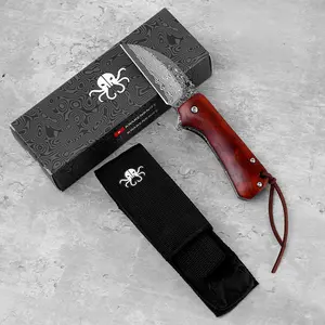KLAKEN J355-Dot, New Pocket Folding Compact EDC Knife, Damascus Steel Blade With Wooden Handle