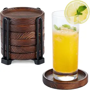 6Pcs Acacia Wood Drink Coasters Set with Holder, Modern Rustic Wooden Coasters for Drinks, Decorative Cup Coasters for Coffee Table Kitchen Beer Bar Outdoor Home Decor