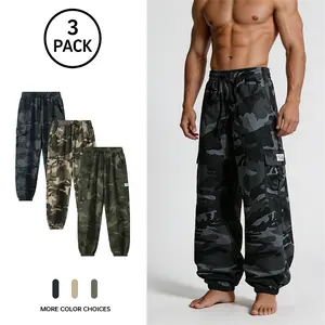 Men’s 3-pack camouflage cargo jogger pants—breathable summer casual long pants suitable for streetwear, outdoor activities, everyday wear, and light tactical outfits; trendy brand, versatile multi-color pack.