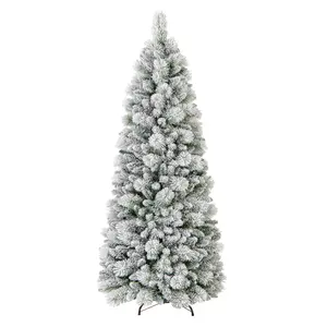 COSTWAY - 6 Feet Flocked Christmas Tree with Pine Needles and LED Lights