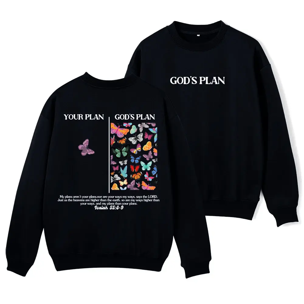 God's Plan Sweatshirt Isaiah 55:8-9 Your Plan Vs God's Plan Butterfly Double‑Sided Print Christian Crewneck Pullover Inspirational Faith Crewneck Sweatshirt God's Plan Front Print + Your Plan God's Plan Butterfly Back Graphic Religious Pullover Top