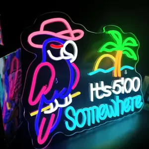 Its 5:00 O'clock Some Where Parrot Neon Sign for wall decor Palm Tree Sun LED Light for Club Man Cave Bar  Garage Dimmable USB  Neon Art Signs(16.5in*13.2in)