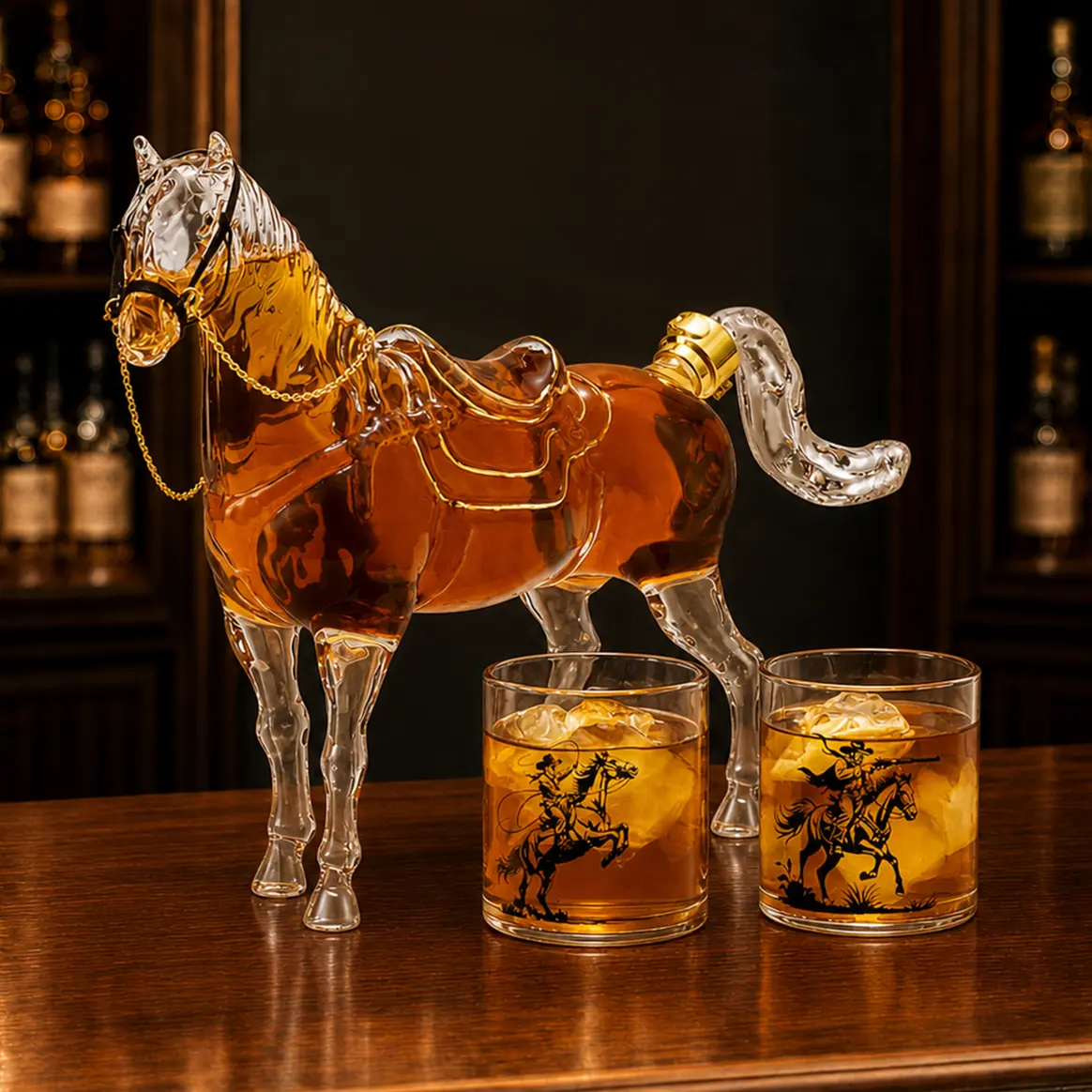 Kollea Horse Shaped Whiskey Decanter Set with Luxury Gift Box,Man Cave Bar Accessories,67oz Decanter&2 9.8oz Cowboy Bottles,Glassware for Western Cowboy Fans,Gifts for Him,Husband,Brother,New Year&Anniversary,Empty Decanter,No Alcohol Included,Home Decor