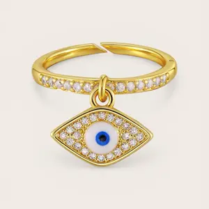 Velaris Eye Charm Ring with Gold Plated Evil Eye Pendant and Cubic Zirconia Accents for Women
