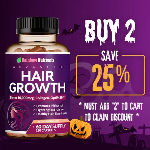 Rainbow Nutrients 24-in-1 Advanced Hair Growth Supplement with Biotin 10,000 mcg, Collagen & Saw Palmetto, Supports Hair Loss, Fuller Hair, Skin & Nails, 60-Day Supply