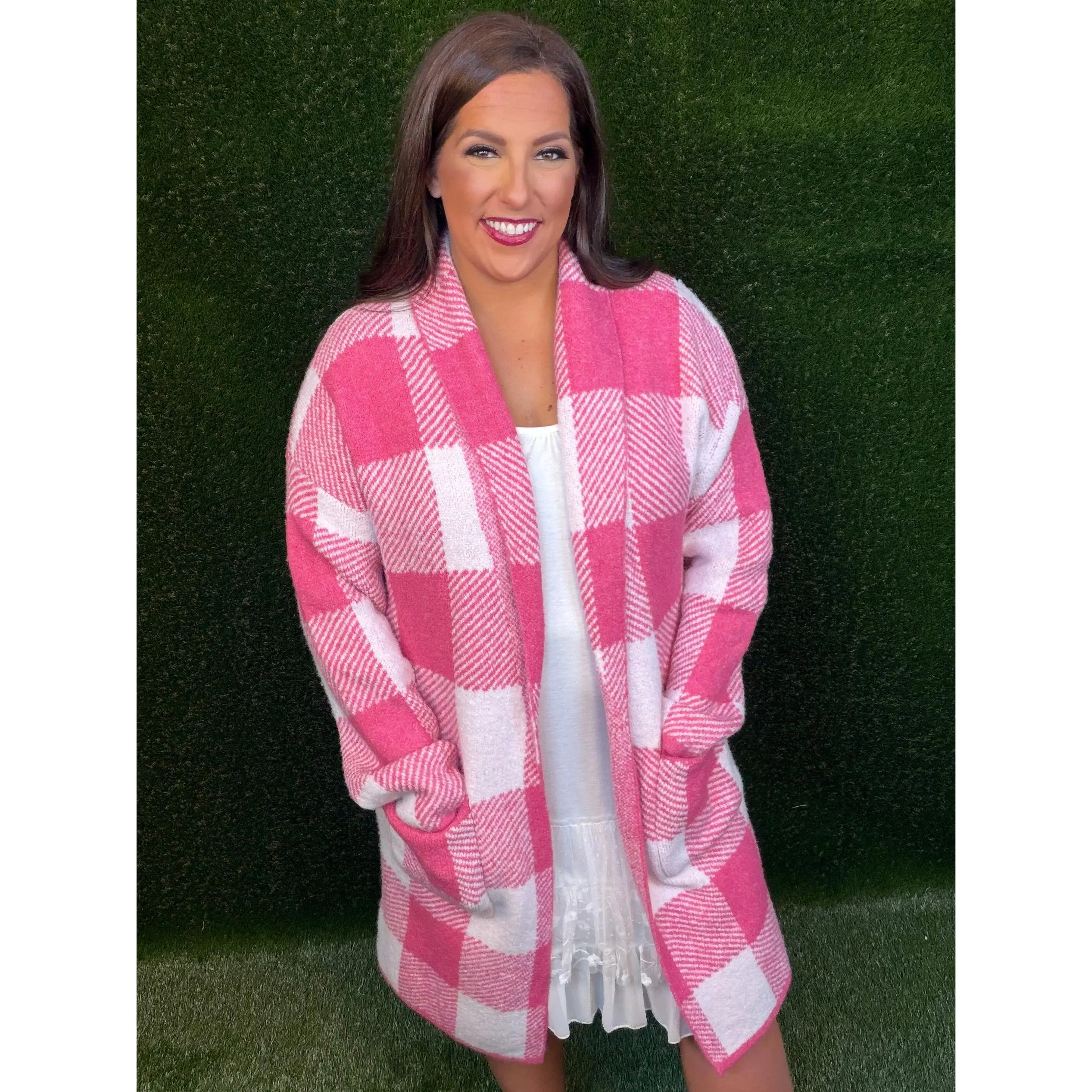 Gingham Pattern Soft Pocket Front Open Cardigan Sweater - Pink