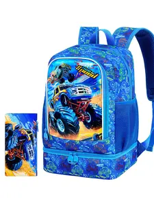 Kids Blue Monster Truck Backpack for Boys, 2 in 1 School Bag Set with Pencil Pouch, Durable Bookbag for Primary School, All Seasons