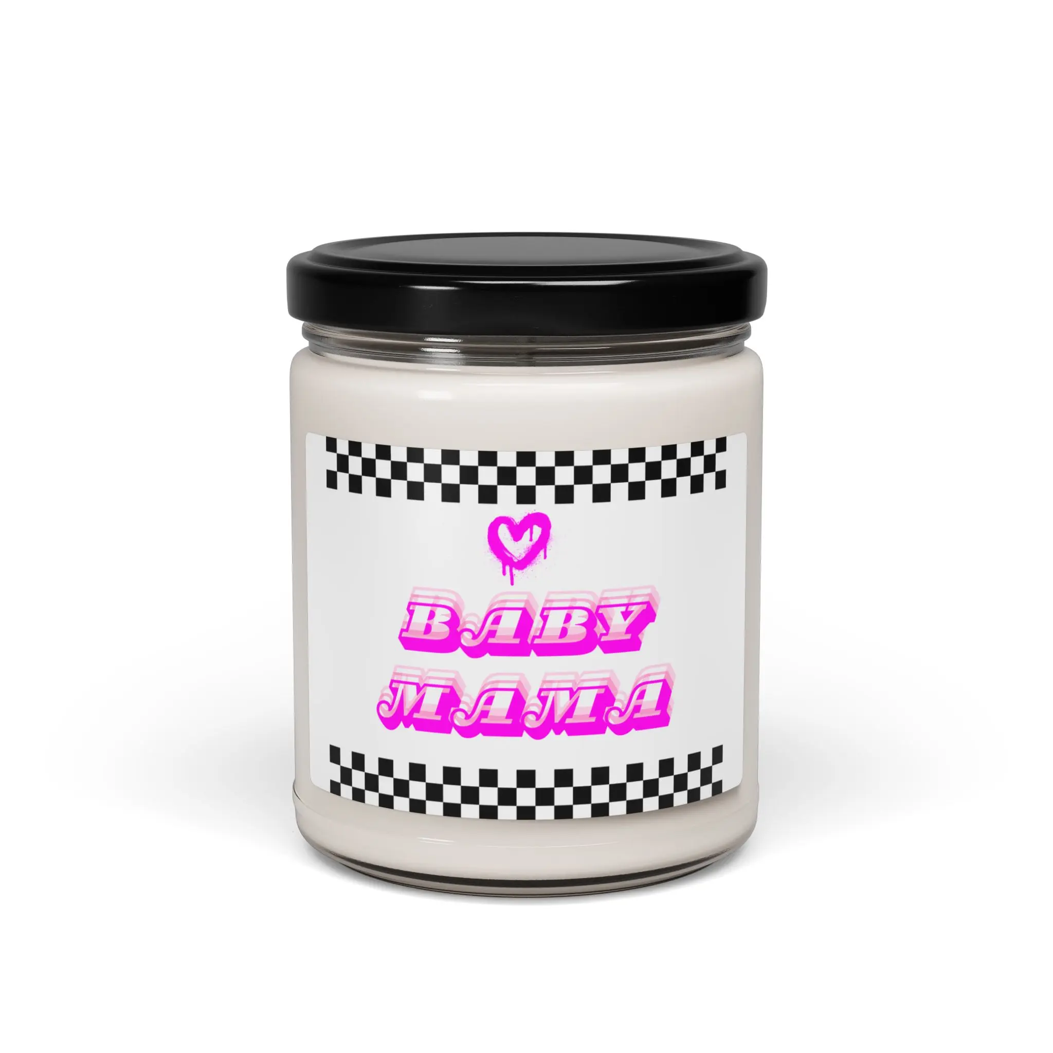 “Baby Mama” Candle | Pink Neon Text, Checkerboard Label, Scented Soy