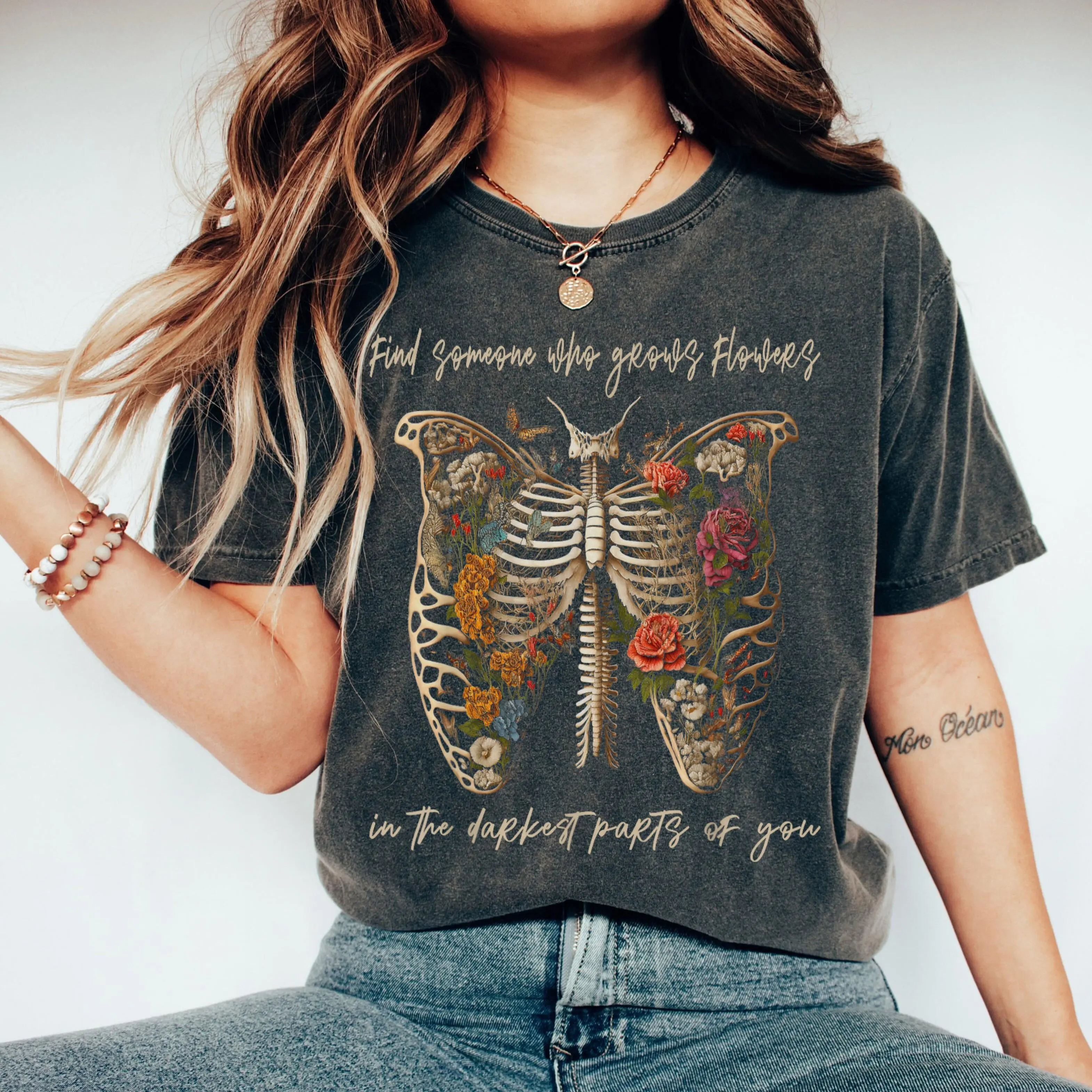 Find Someone Who Grows Flowers In The Darkest Parts Of You T-Shirt, Floral Skeleton Graphic Tee, Vintage Gothic Flower Shirt, Dark Aesthetic Inspirational Tee, Retro Skull Floral Graphic Shirt