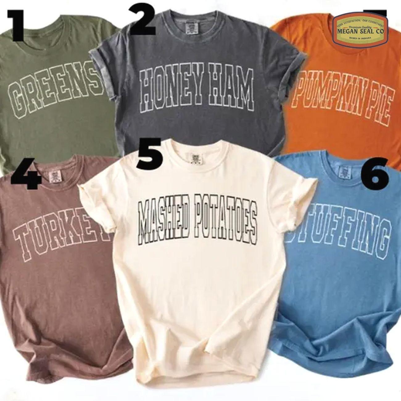 Comfort Colors Custom Varsity Thanksgiving Dinner Food Matching Holiday T-Shirt, Cute Family Thanksgiving Family Christmas Food Group Turkey Stuffing Pumpkin Pie Comfort Colors Shirt Unisex Womenswear Graphic Tops 5CN