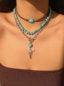 3-Piece Spring Summer Western Style Turquoise Layered Necklace, Unique Bohemian Boho Chic Cowboy Collar Chain, Fashionable Jewelry Set