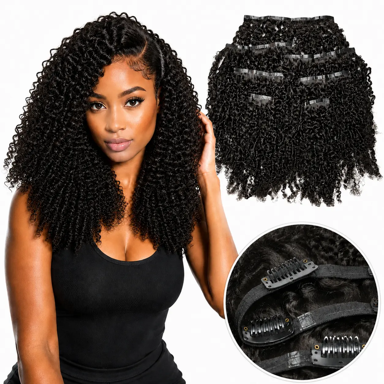 Kinky Curly Clip in Human Hair Extensions - Glueless Seamless PU Seamless Clips Hair Extensions, 7pcs/Set 120g/Pack Soft Afro Style Full Head
