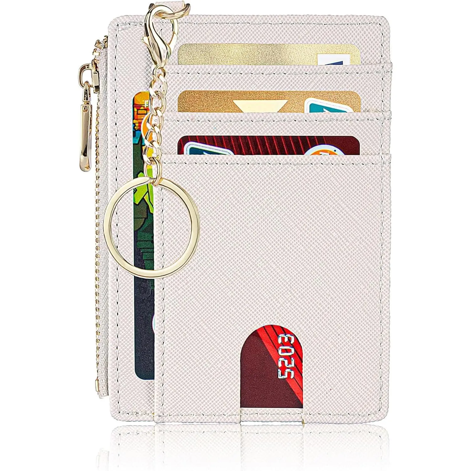 Women's Slim Minimalist Leather Wallet for Everyday Carry, RFID Blocking Card Holder with Zipper Pocket, ID Window & Detachable Lanyard