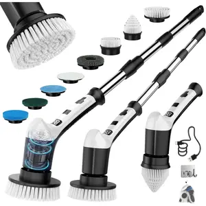 Electric Spin Scrubber with 3 Speed, Adjustable Extension Handle, 8 Brush Heads, Cordless Power Cleaning Brush for Bathroom, Tile, Kitchen Black