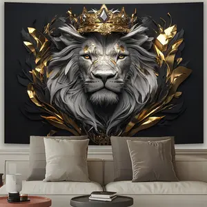 2D Majestic Lion with Crown Polyester Tapestry - Luxurious Wall Art for Living Room, Bedroom, Office, Party Decor |   Sophisticated Black & Golden Design Peach Skin Tapestries