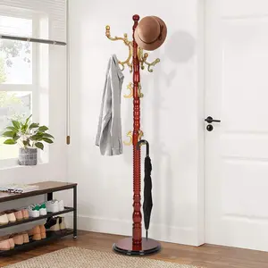 Wooden Coat Rack Freestanding,  Coat Racks with Sturdy Round Base, Adjustable Height 37.40"-72.83" Entrance Coat Rack for Bedroom Living Room Entryway (Solid  Begonia)