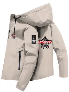 Men's Fashion Jacket with Pbr Logo, Stylish Zipper Pocket, Casual Hooded Design, Polyester Material, Spring & Fall Wear, Men's Outerwear