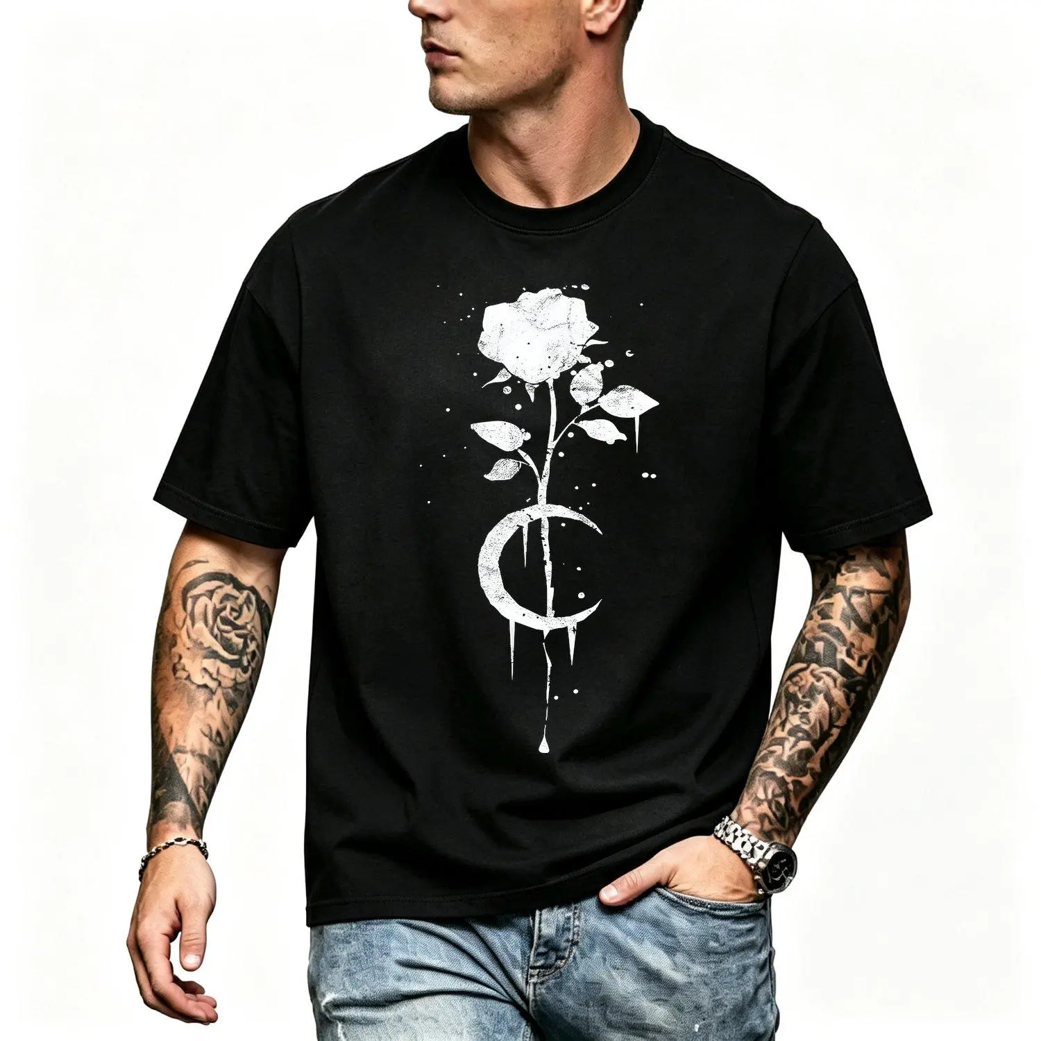 Men's Regular-Fit Casual Round Neck Short-Sleeve Tops, Gothic Witchcraft-Inspired Graphic Tee with Occult Moon, Rose, Celestial, Floral Mystic Designs for Dark Vintage Aesthetic, Menswear, Shortsleeve