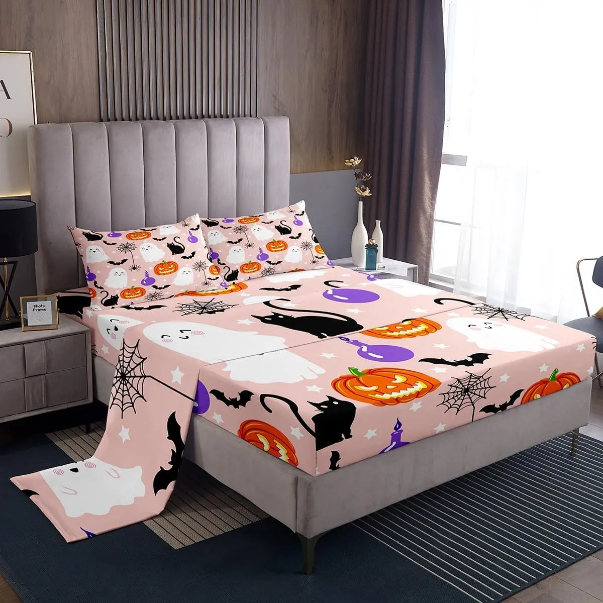 Feelyou King & Queen Matching Halloween Pumpkin Bedding Set - Cooling Cute Sheets, Breathable Bed Cover, Kawaii Ghost Cats Decor, Girly Pink Fitted Sheet for Kids, Friends & Family Dream Room