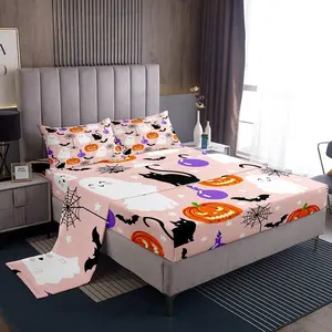 Feelyou Halloween Pumpkin Queen Bedding Set - Soft Breathable Bedding, Kawaii Ghost Cats Decor, Girly Pink Fitted Sheet for Kids, Queen Bedding Sets