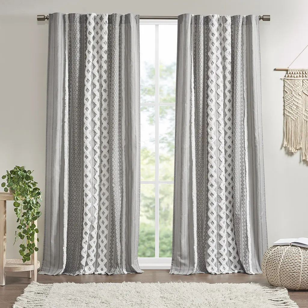 Mid-Century Imani 360-Stand Single Cotton Curtain Panel - 50x95x0.13in 100% Cotton, Geometric Print, Chenille Stripe, Tufted Texture Backing, Light Filter, Casual Chic Gray, Home Decoration Curtain, Window Covers