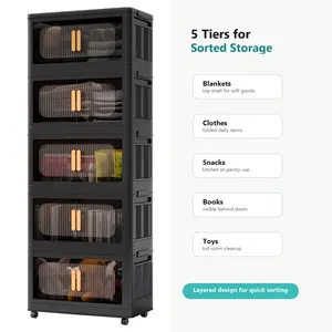 【FathersDayGift】5-Tier Folding Storage Cabinet, American-Style Black 20" Wide Plastic Storage Organizer with Magnetic Doors & Wheels, Collapsible Storage Bins, Storage Cart for Bedroom, Kitchen, Living Room, Dorm, Apartment, Small Space Storage