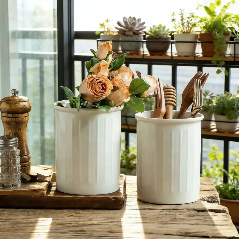 Large Embossed White Ceramic Storage Jar - Minimalist Countertop Home Organizer for Chopsticks, Forks, Spoons & Kitchen Tools