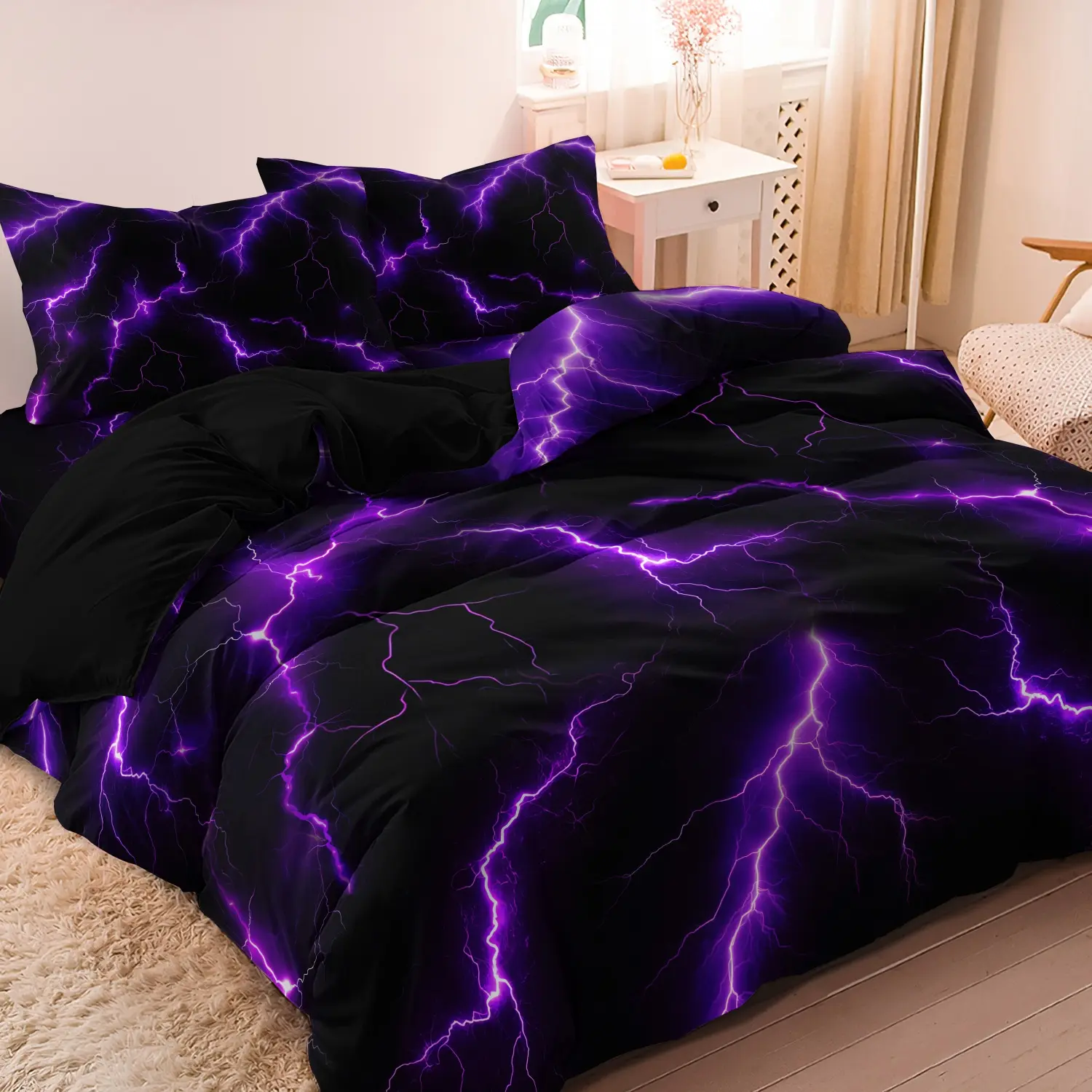 3pcs Purple Lightning Decorative Duvet Cover Set, Black Background Thunder Printed Bedding Set, For Family Bedrooms Dormitories Hotels, Residential Quarters High Definition Printing,(1 Duvet Cover + 2 Pillowcases No Comforter No Pillow)