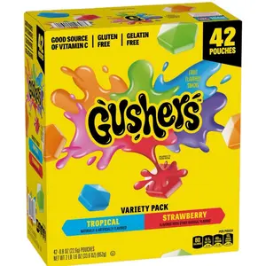 Gushers Strawberry & Tropical Variety Pack 0.8 oz - 42 Pouches of Fun and Colorful Treats, Good Source of Vitamin C, Gluten Free, Gelatin Free addict
