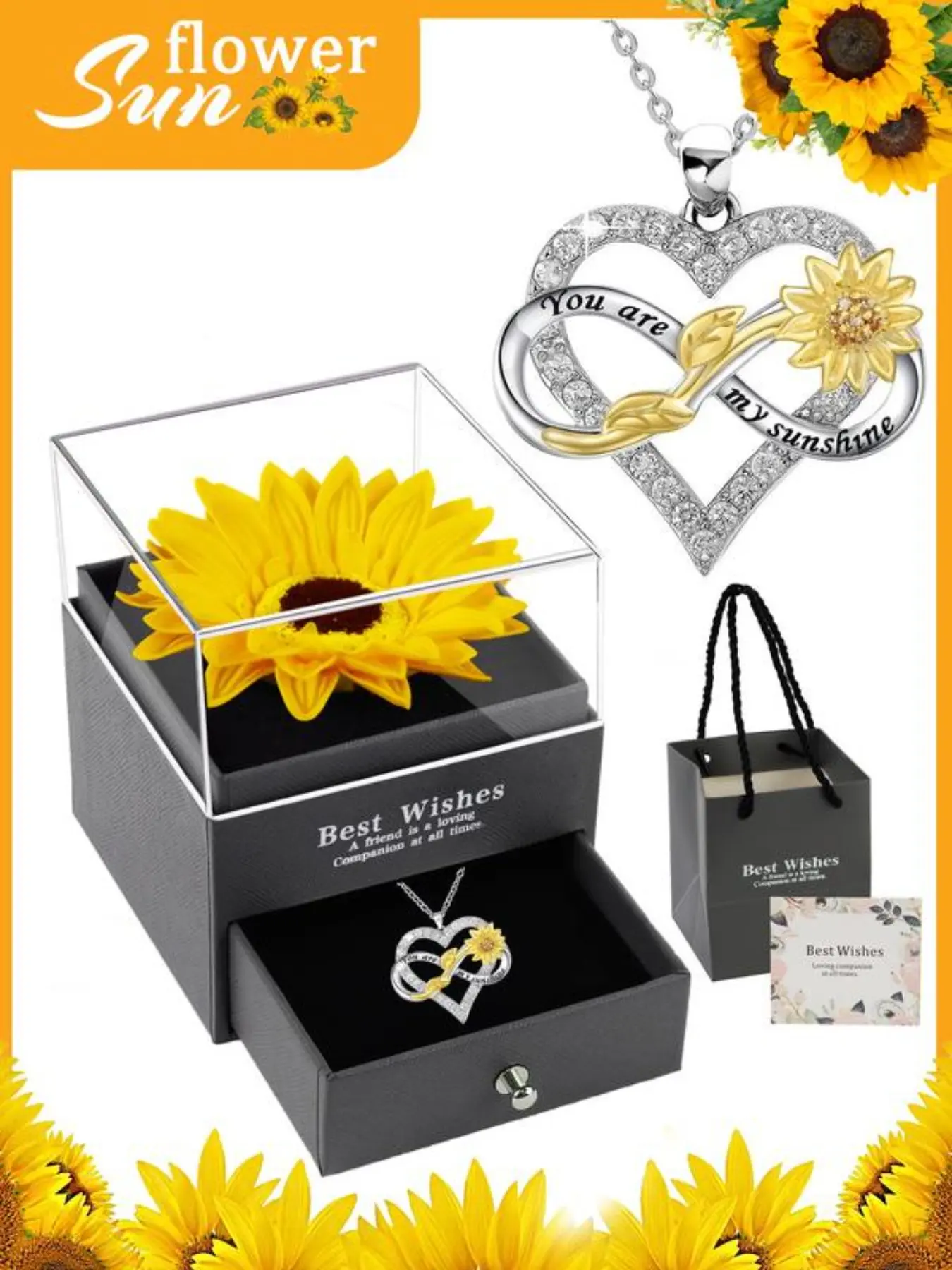 Women's Infinite Heart Necklace with Flower Pendant, Sunflower Gift Box Set, Thanksgiving & Birthday Present, Elegant Jewelry, Love Heart Necklace, Inspirational Jewelry, Jewelry Gifts