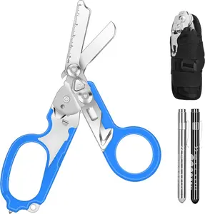 6 In1 Multifunction  Response Shears, Stainless Steel Foldable Trauma Shears with Strap  and Glass Breaker,  with Holster and Penlight Blue