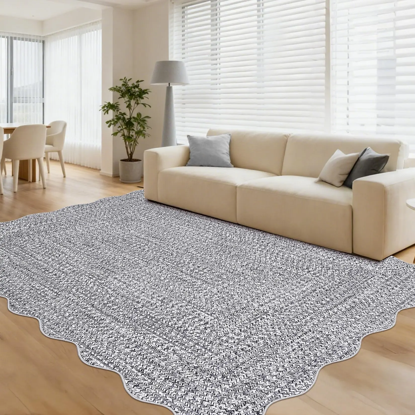 Garvee Washable Rug Scalloped Rug Non Slip, Low Pile Thin Foldable Mats, Indoor Neutral Carpet for Living Room Bedroom