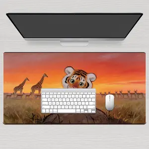 Premium Cute Baby Tiger Sitting On Rock With Giraffes And Gazelles At Sunset Illustration High Quality Mouse Pad Modern Office Gaming Comfort Experience Non Slip Durable For Daily Work And Play  40*80 Size.