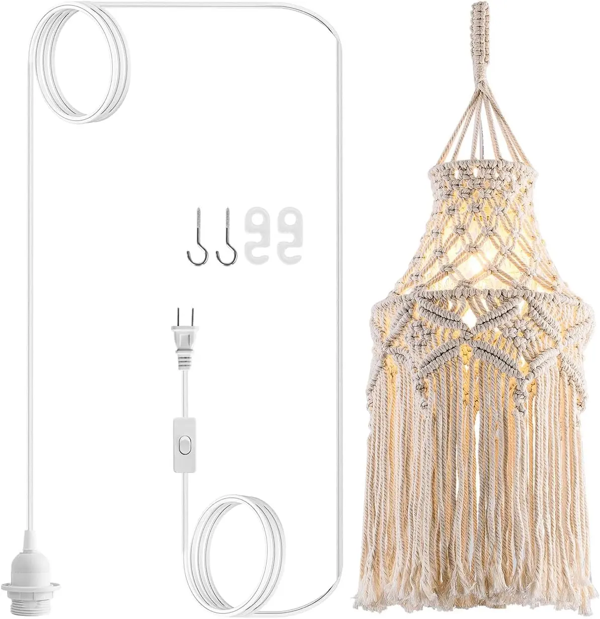 Boho Plug-in Pendant Light with Elegant Macrame Fabric Lamp Shade, Single Indoor Hanging Fixture with AC Power Supply Cable, Switch Included for Living Room Decor, Boho Room Decor