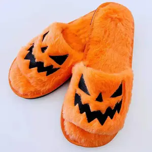 Halloween Shoes Winter Cute Warm Home Slippers Unisex Cartoon Pattern Open Toe Fur 2 Inch Black Flipflop Slide Tsinelas Comfortable Footwear